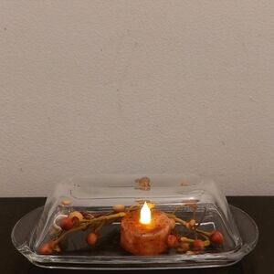 Primitive Glass Butter Dish with Orange Accents